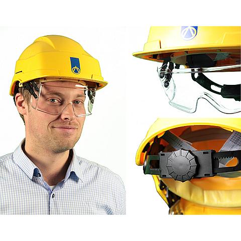 SG03101 Safety helmet with integrated goggle Safety helmet made of polyamide, complete with PC safety glasses.